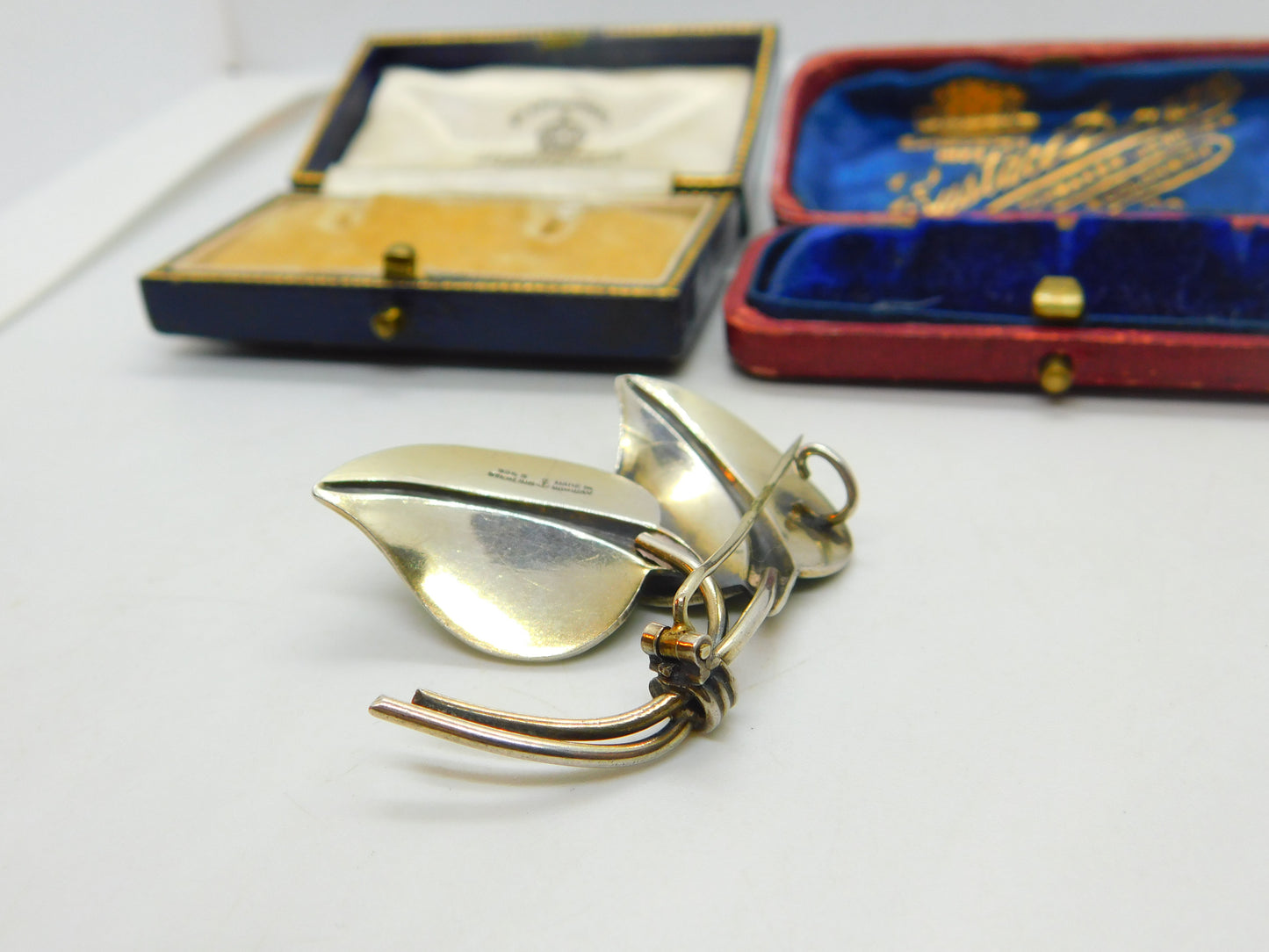 Hans Myhre Norway Sterling Silver Green Enamel Leaf Brooch Antique c1930 Deco