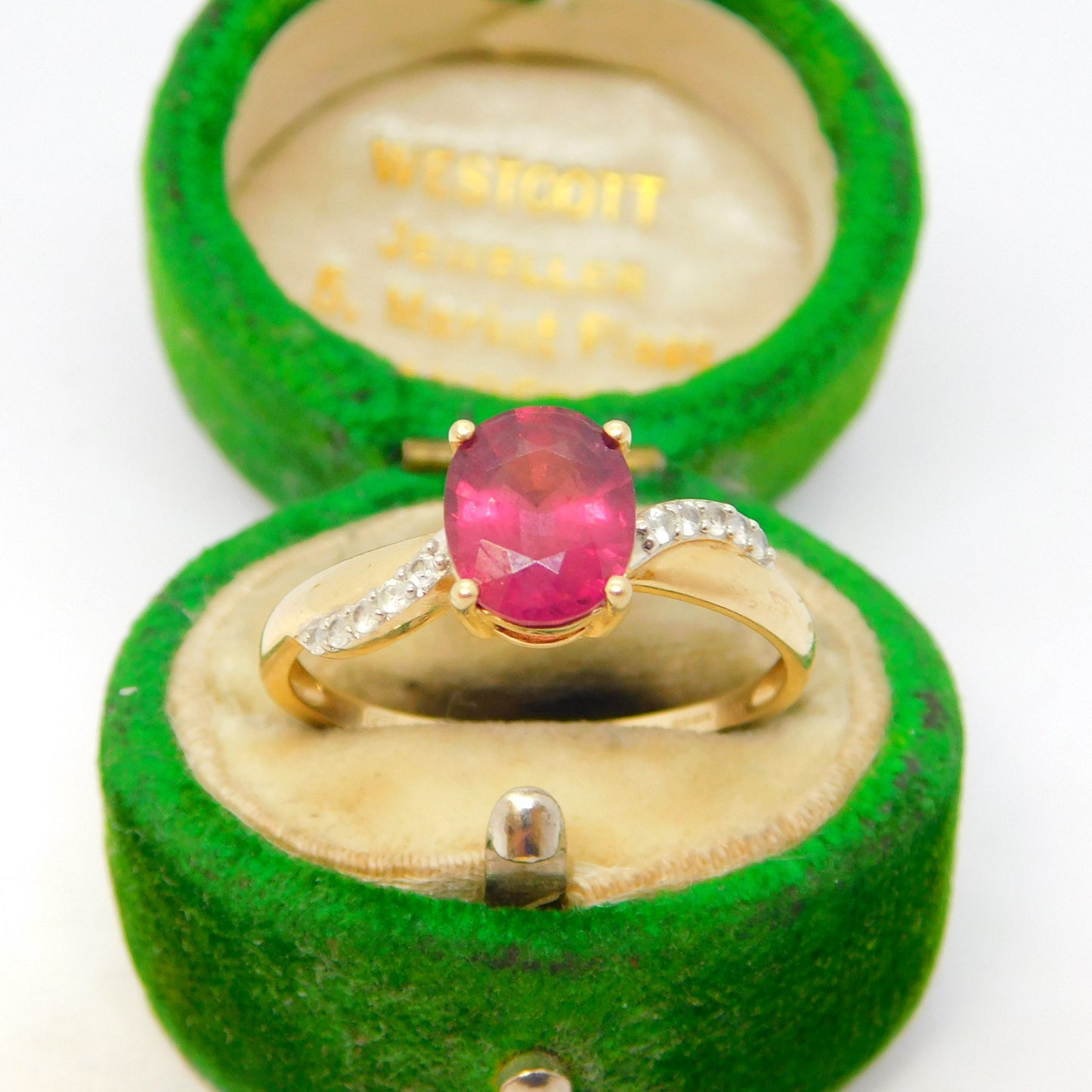 10ct Yellow Gold, Pink Topaz & Diamond Set Dress Ring Vintage 1992 London