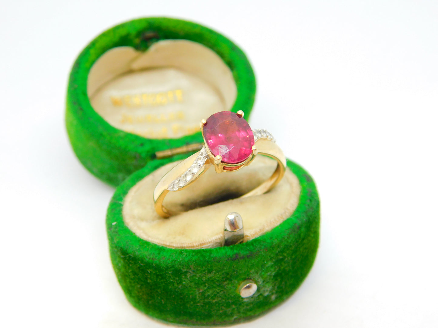 10ct Yellow Gold, Pink Topaz & Diamond Set Dress Ring Vintage 1992 London