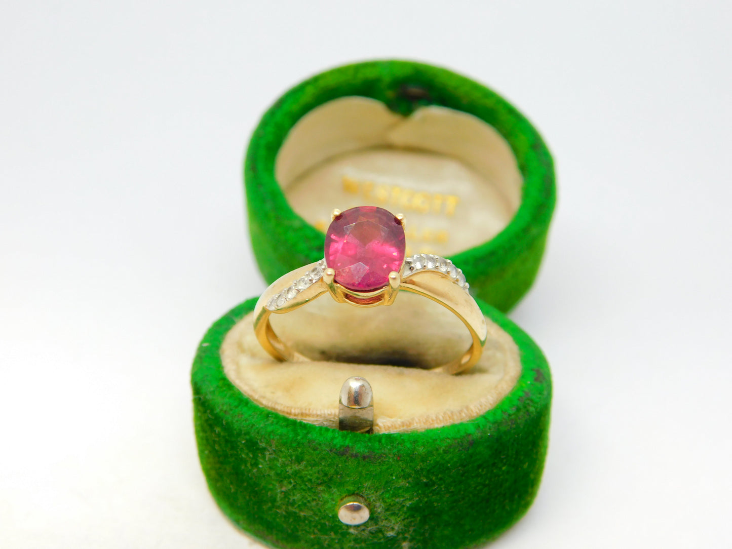 10ct Yellow Gold, Pink Topaz & Diamond Set Dress Ring Vintage 1992 London