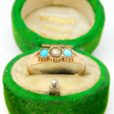 Victorian 9ct Rose Gold, Seed Pearl & Turquoise Boat Ring Antique c1850