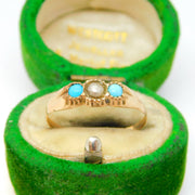 Victorian 9ct Rose Gold, Seed Pearl & Turquoise Boat Ring Antique c1850
