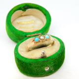 Victorian 9ct Rose Gold, Seed Pearl & Turquoise Boat Ring Antique c1850