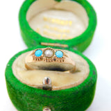 Victorian 9ct Rose Gold, Seed Pearl & Turquoise Boat Ring Antique c1850