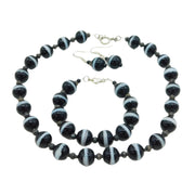 Sterling Silver Banded Agate 3-Part Jewellery Suite Necklace, Bracelet, Earrings c1970