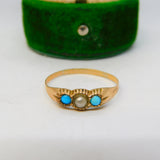 Victorian 9ct Rose Gold, Seed Pearl & Turquoise Boat Ring Antique c1850
