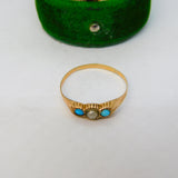 Victorian 9ct Rose Gold, Seed Pearl & Turquoise Boat Ring Antique c1850