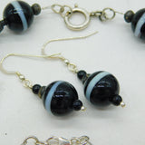 Sterling Silver Banded Agate 3-Part Jewellery Suite Necklace, Bracelet, Earrings c1970