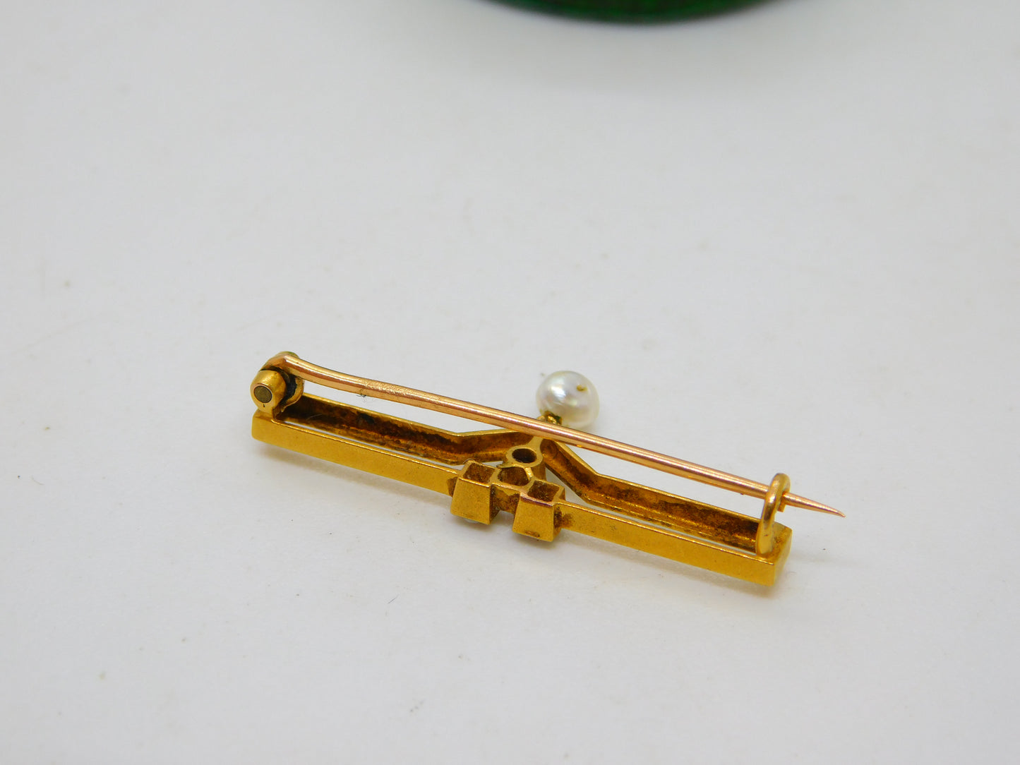 Edwardian 15ct Yellow Gold, Ruby & Pearl Set Drop Brooch Antique c1910