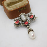 Victorian Austrian Sterling Silver, Pearl & Garnet Floral Drop Brooch c1850
