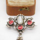 Victorian Austrian Sterling Silver, Pearl & Garnet Floral Drop Brooch c1850