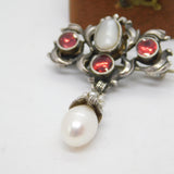 Victorian Austrian Sterling Silver, Pearl & Garnet Floral Drop Brooch c1850