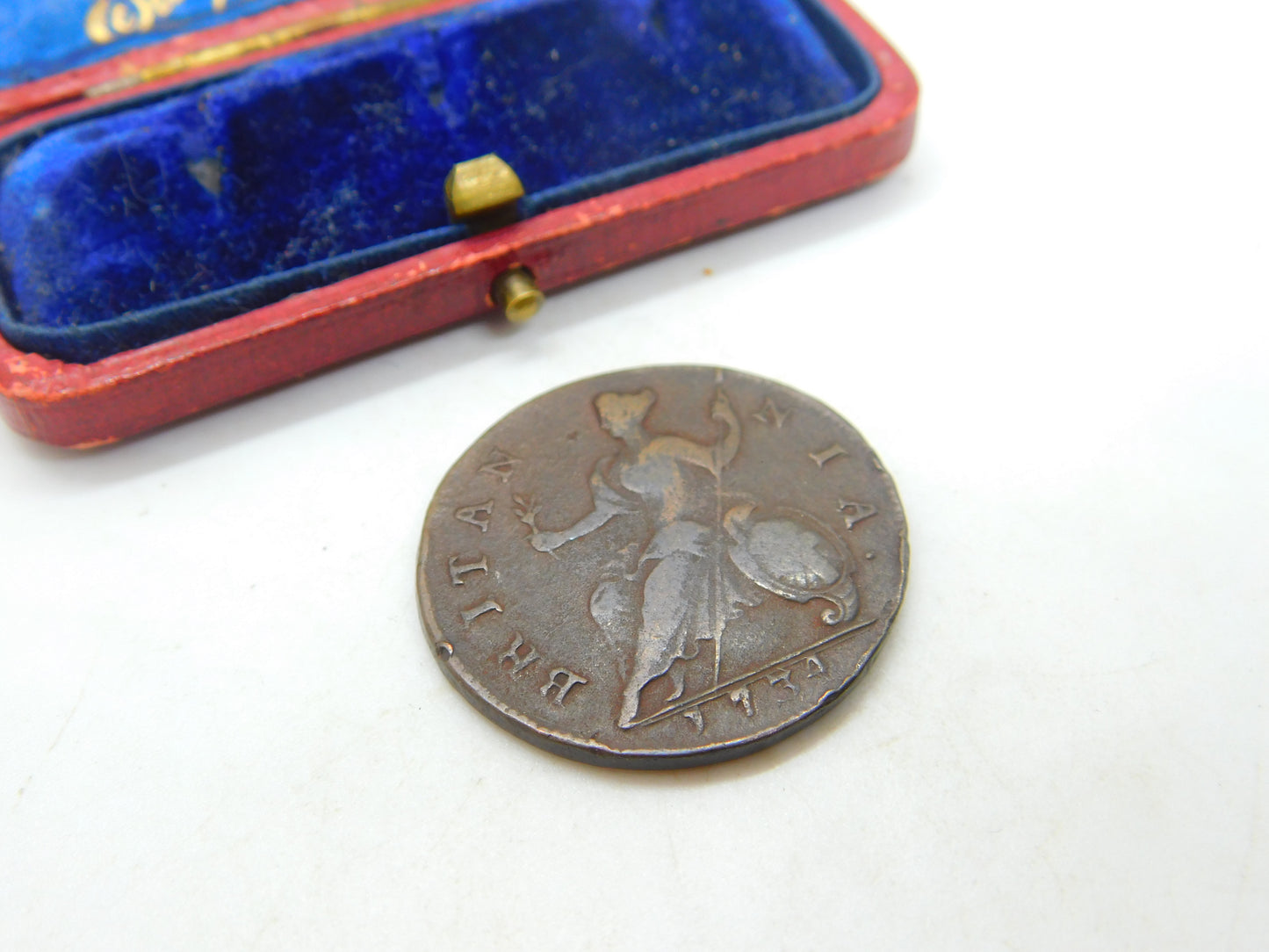 King George II Half Penny Coin 1734 Fine-Very Fine Antique Early Georgian