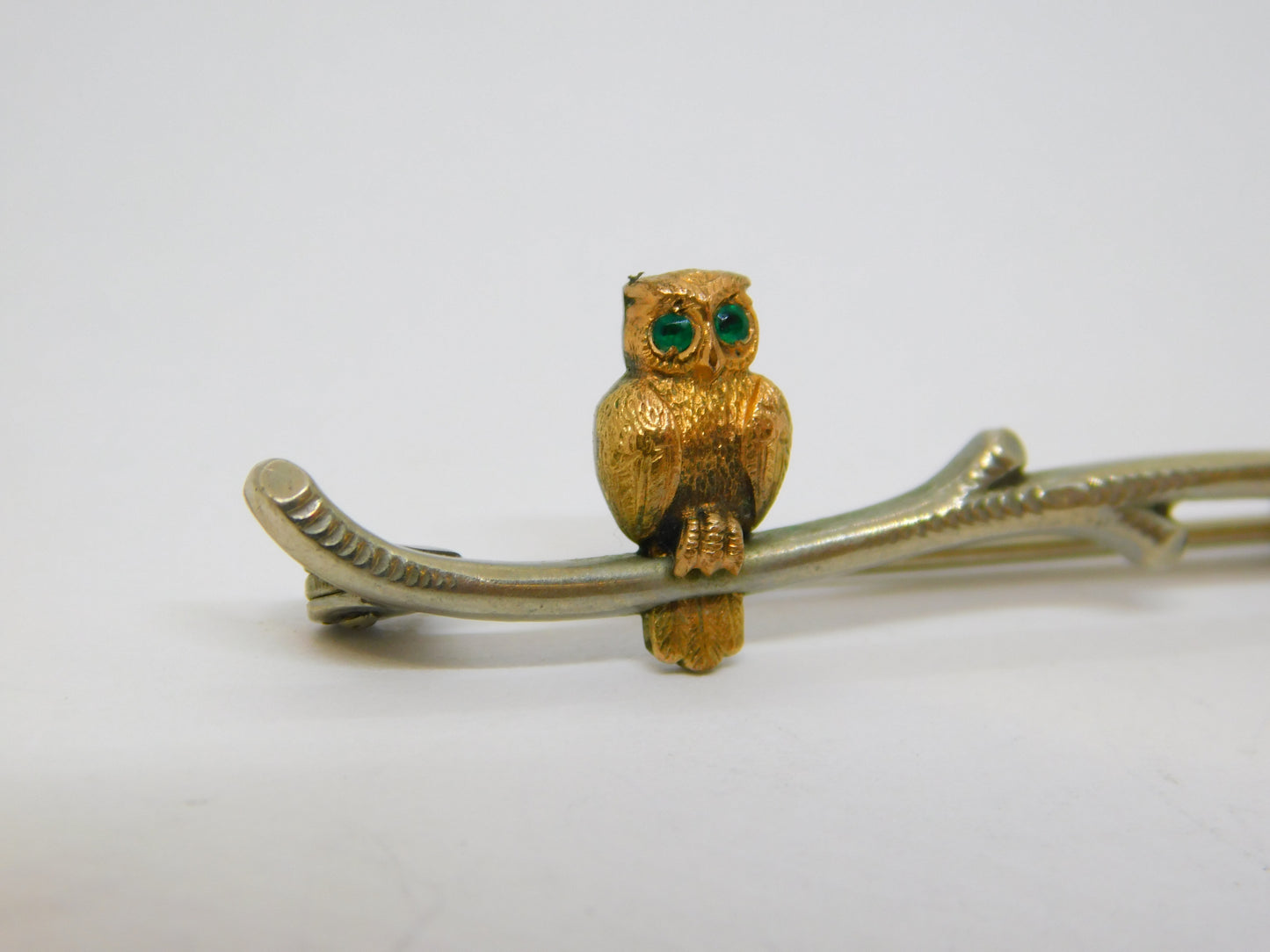 Edwardian 9ct Gold & Sterling Silver Perched Owl on Branch Brooch Antique c1910