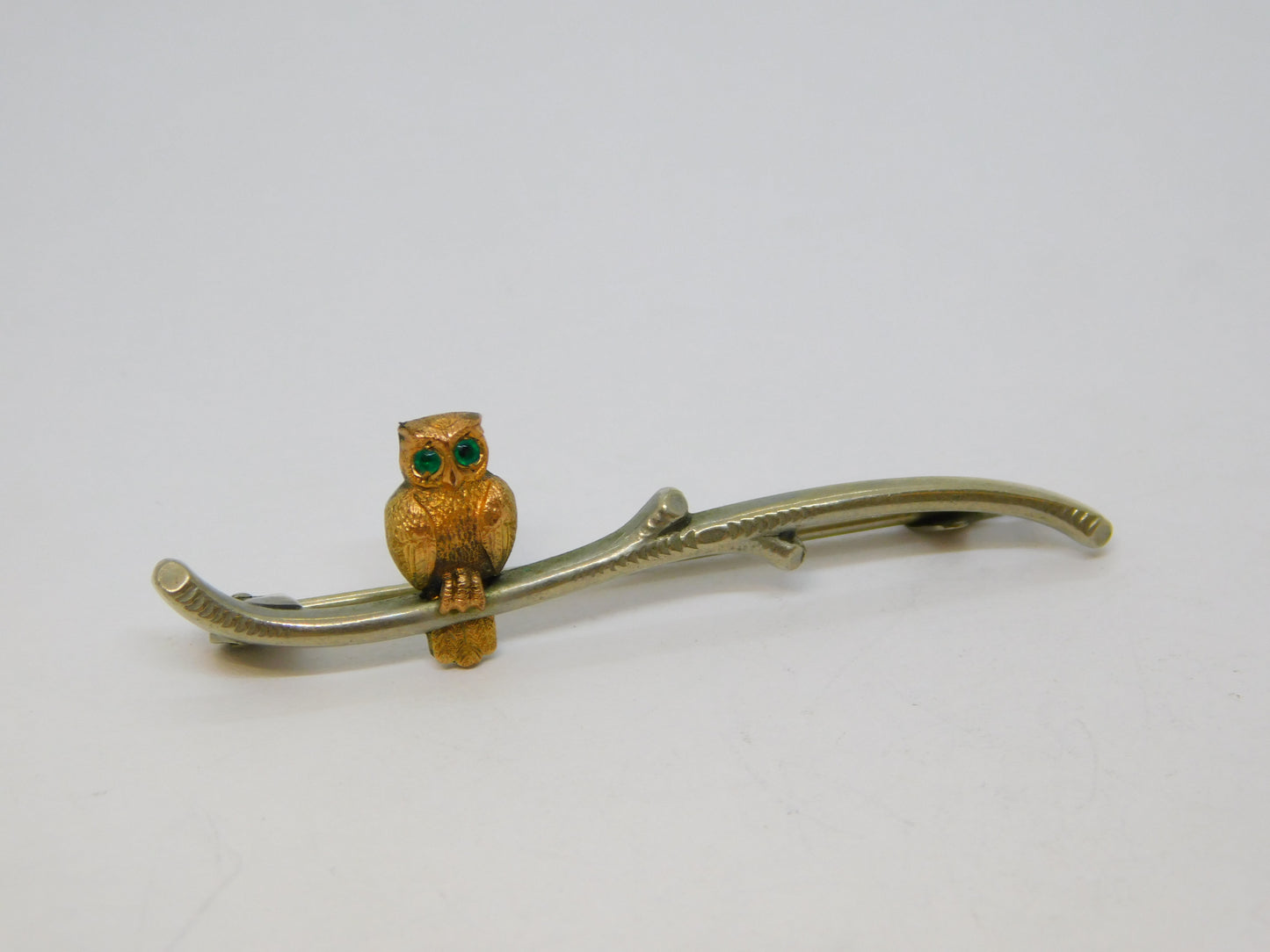Edwardian 9ct Gold & Sterling Silver Perched Owl on Branch Brooch Antique c1910