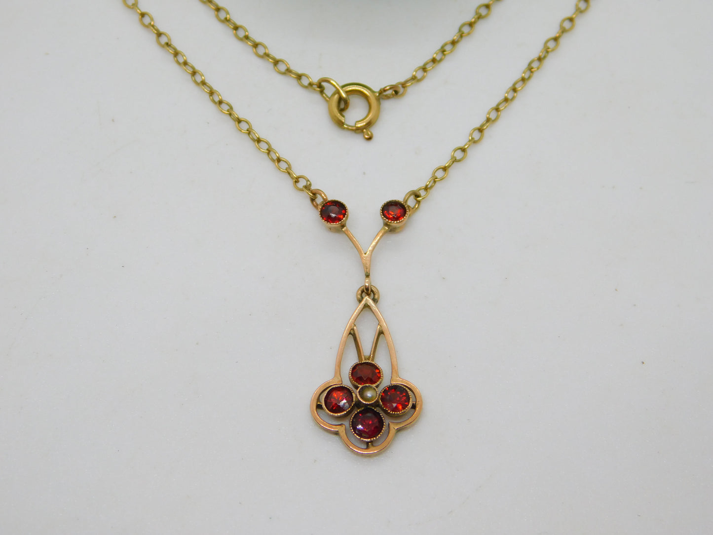 Edwardian 9ct Yellow Gold, Garnet & Pearl Set Floral Necklace Antique c1910