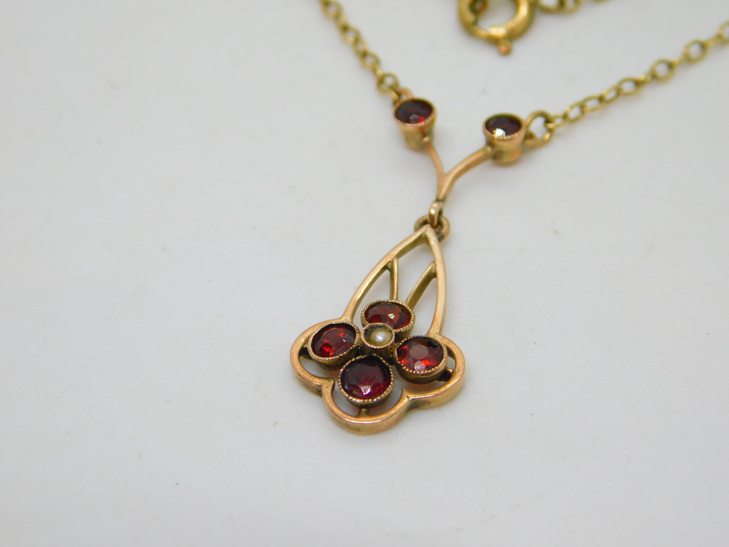 Edwardian 9ct Yellow Gold, Garnet & Pearl Set Floral Necklace Antique c1910