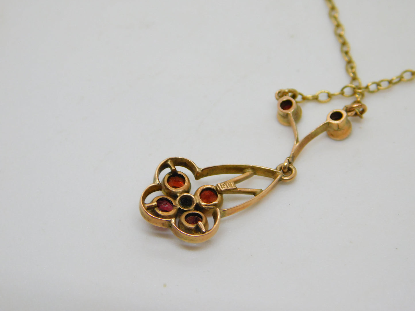 Edwardian 9ct Yellow Gold, Garnet & Pearl Set Floral Necklace Antique c1910