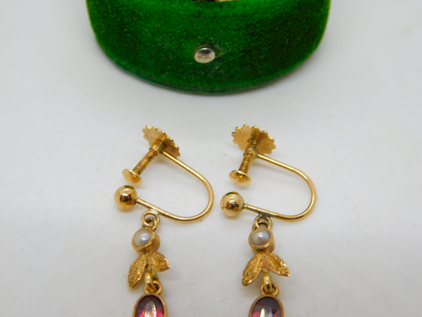 Edwardian 9ct Gold, Garnet & Seed Pearl Screw Back Drop Earrings Antique c1910