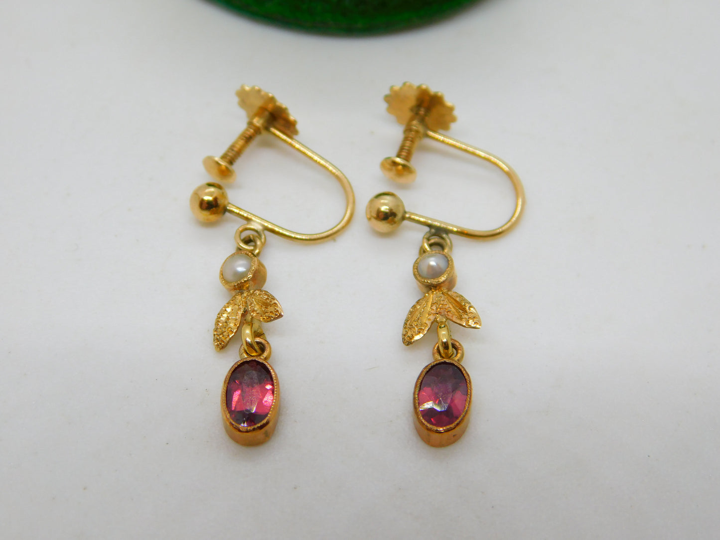 Edwardian 9ct Gold, Garnet & Seed Pearl Screw Back Drop Earrings Antique c1910