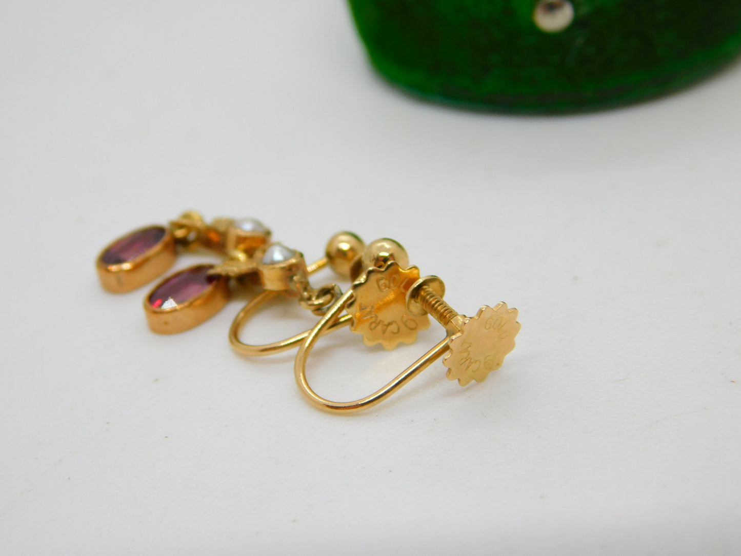 Edwardian 9ct Gold, Garnet & Seed Pearl Screw Back Drop Earrings Antique c1910