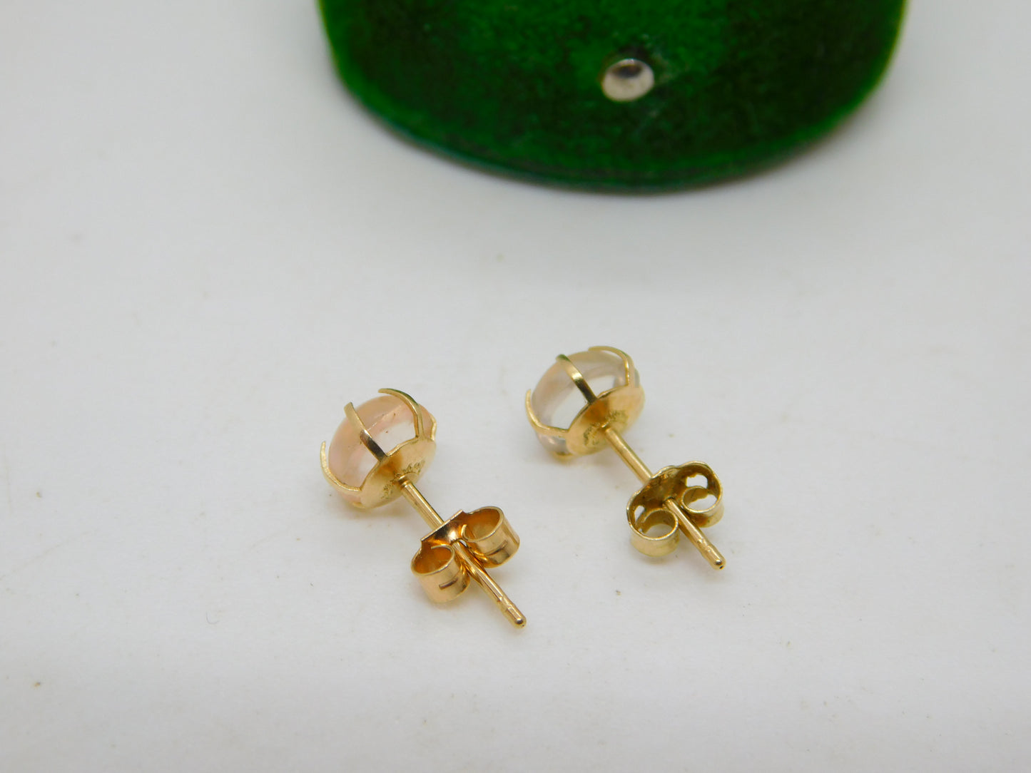 Edwardian 9ct Yellow Gold Cabochon Moonstone Stud Earrings Antique c1910