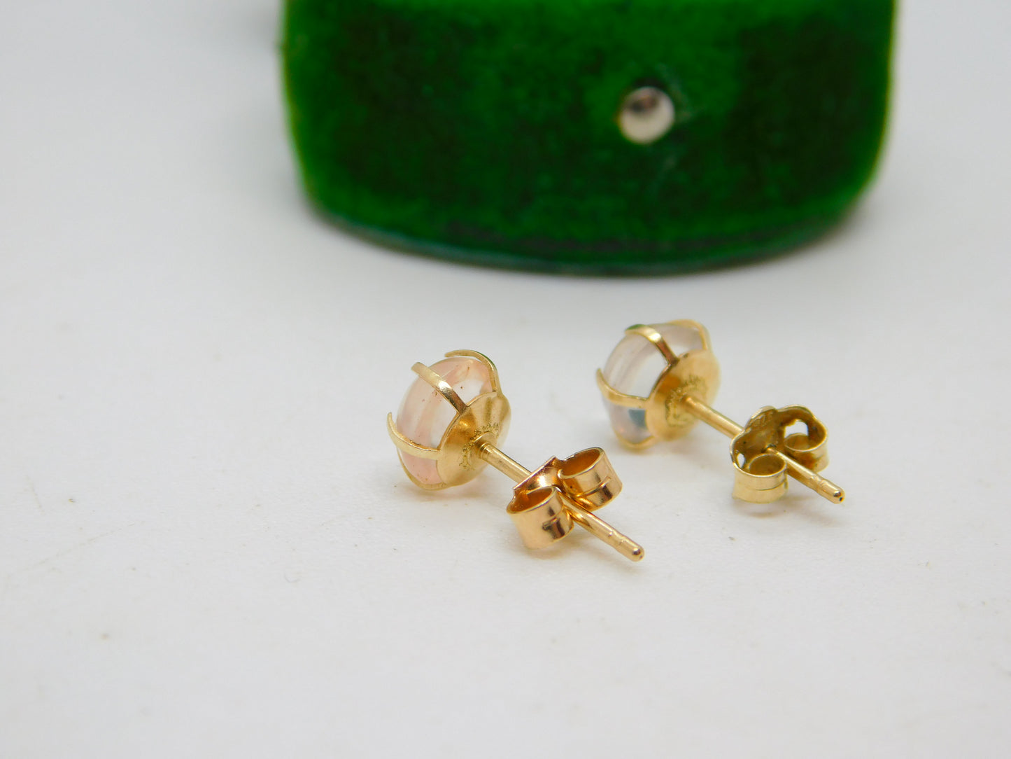 Edwardian 9ct Yellow Gold Cabochon Moonstone Stud Earrings Antique c1910