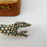 Sterling Silver Gilt Pave Set Opal & Diamond Running Greyhound Brooch Antique