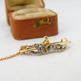 Victorian 18ct Gold, Rose Cut Diamond & Ruby Horse Racing Brooch c1860 Antique