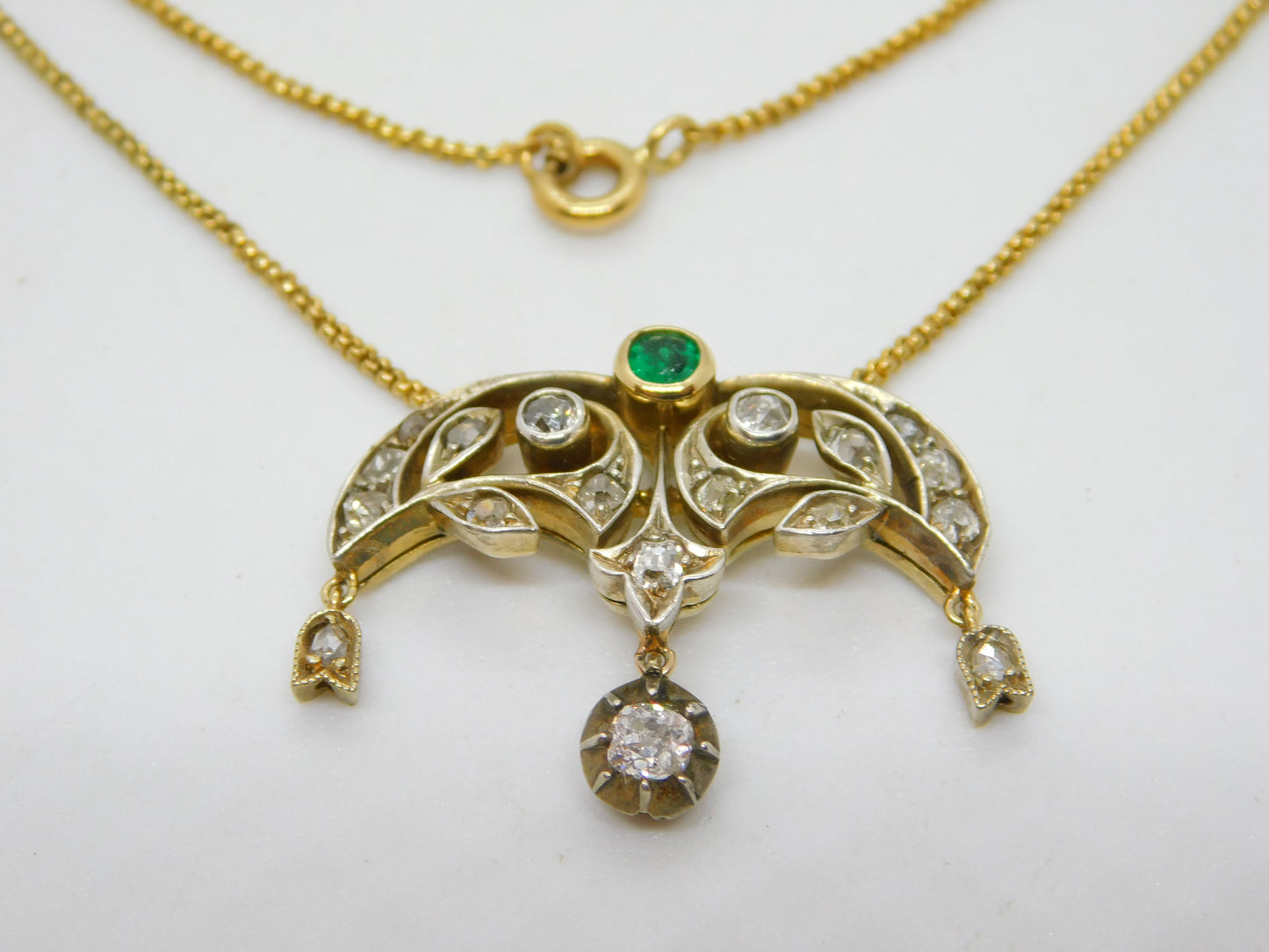 Victorian 18ct Gold, 1ct Diamond & Emerald Belle Époque Floral Pendant Necklace c1860