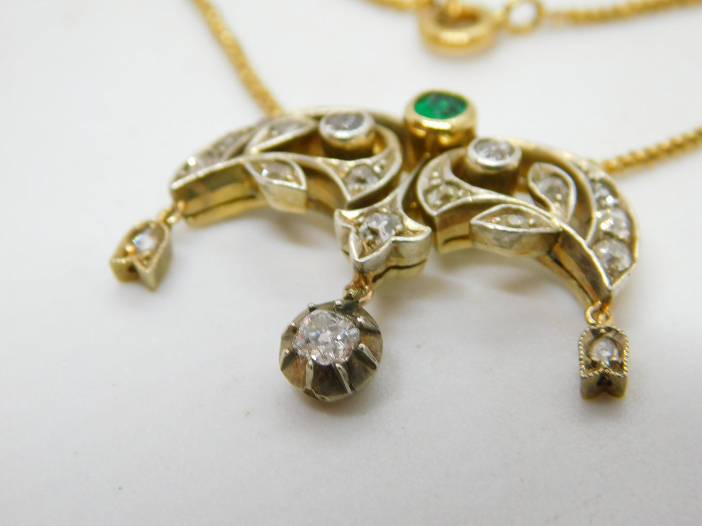 Victorian 18ct Gold, 1ct Diamond & Emerald Belle Époque Floral Pendant Necklace c1860