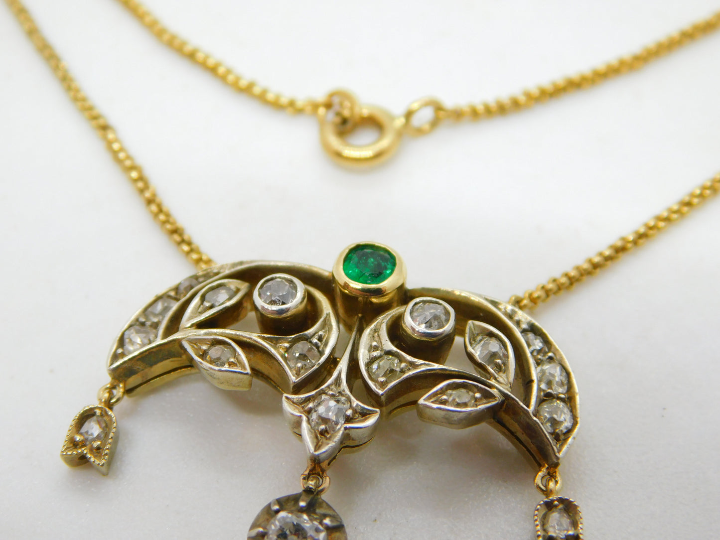 Victorian 18ct Gold, 1ct Diamond & Emerald Belle Époque Floral Pendant Necklace c1860