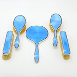 Sterling Silver & Blue Guilloche Enamel 5-Piece Vanity Set Antique 1931 Birmingham Art Deco