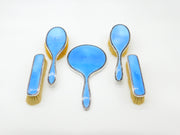 Sterling Silver & Blue Guilloche Enamel 5-Piece Vanity Set Antique 1931 Birmingham Art Deco