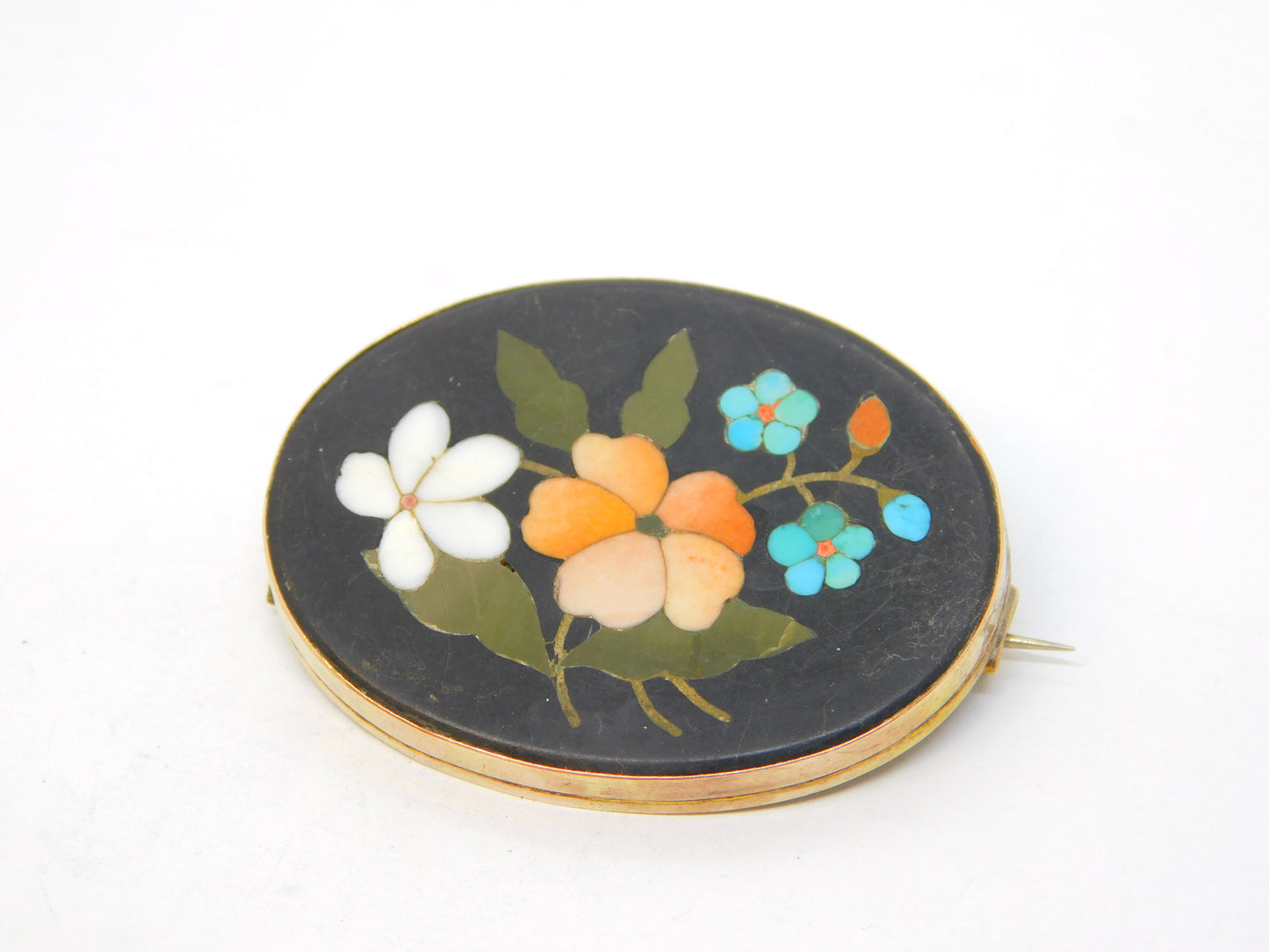 19th Century 9ct Rose Gold Mounted Pietra Dura Floral Brooch Antique c1880