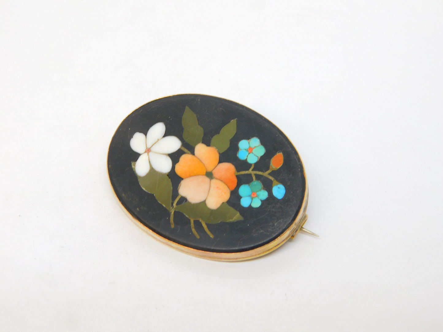 19th Century 9ct Rose Gold Mounted Pietra Dura Floral Brooch Antique c1880