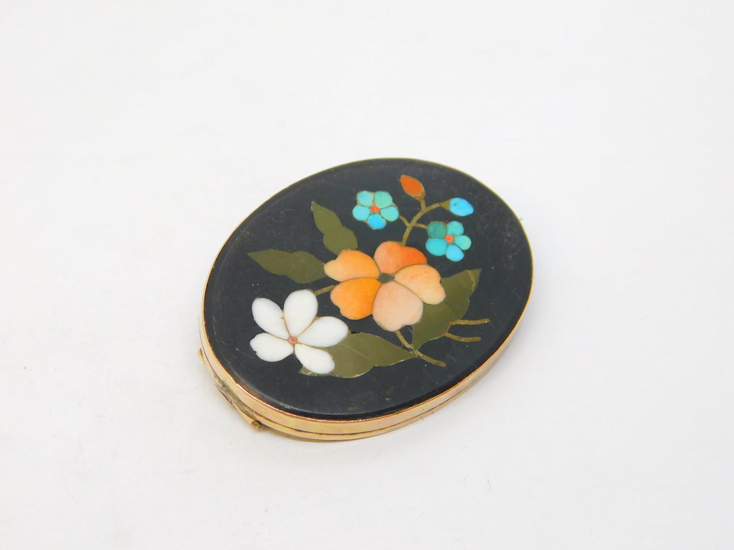 19th Century 9ct Rose Gold Mounted Pietra Dura Floral Brooch Antique c1880