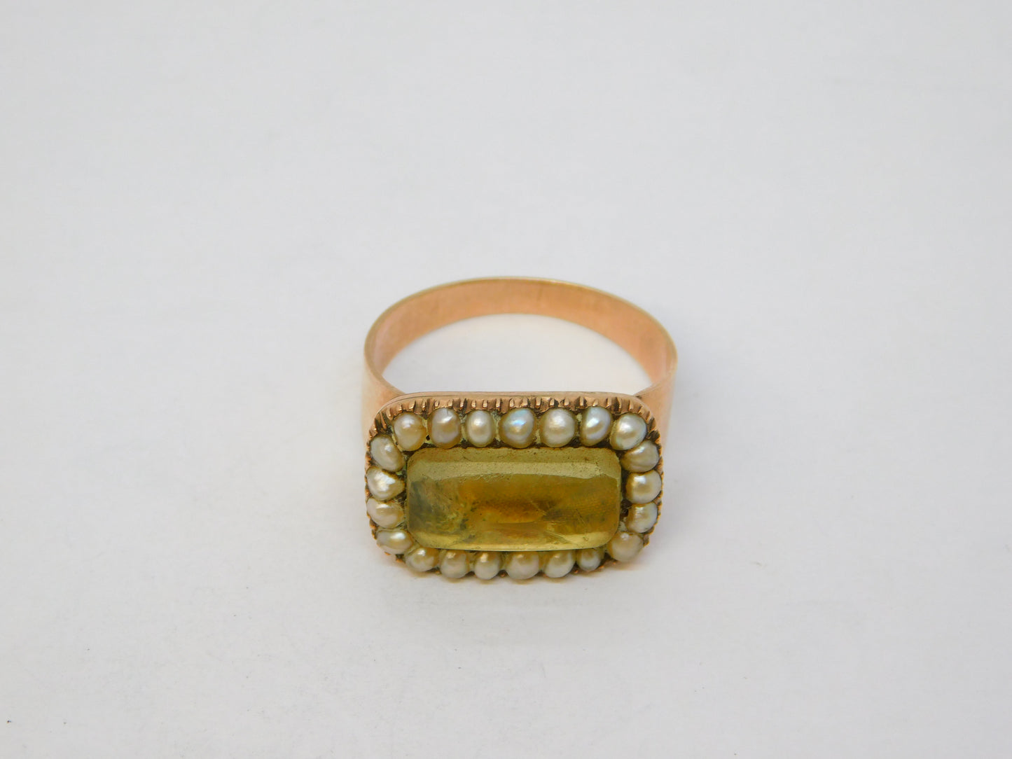 George III 12ct Rose Gold, Seed Pearl & Citrine Set Mourning Ring Antique c1800