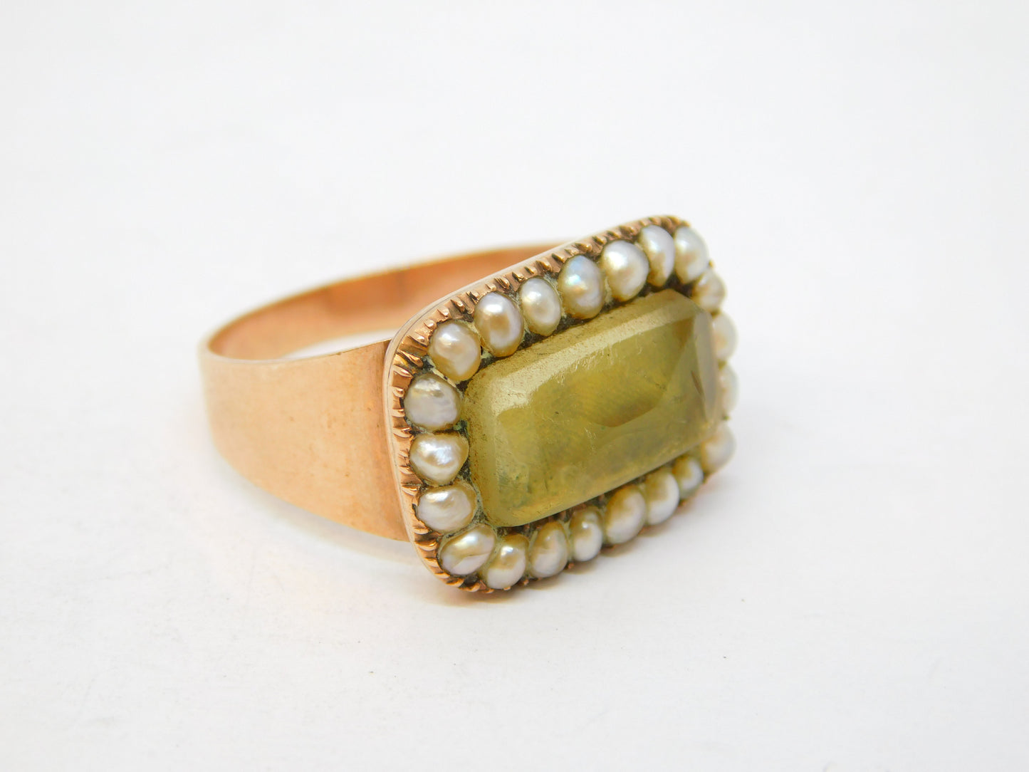 George III 12ct Rose Gold, Seed Pearl & Citrine Set Mourning Ring Antique c1800