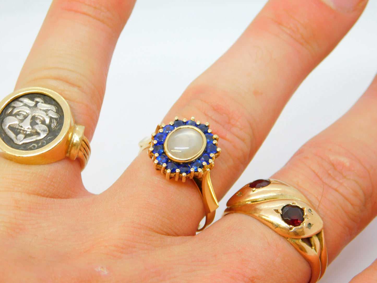 14ct Gold, White Star Sapphire & Blue Sapphire Cluster Ring Vintage c1960