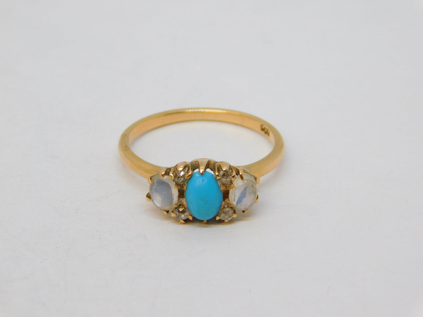 9ct Rose Gold, Turquoise, Moonstone & Diamond Dress Ring Antique c1930 Deco