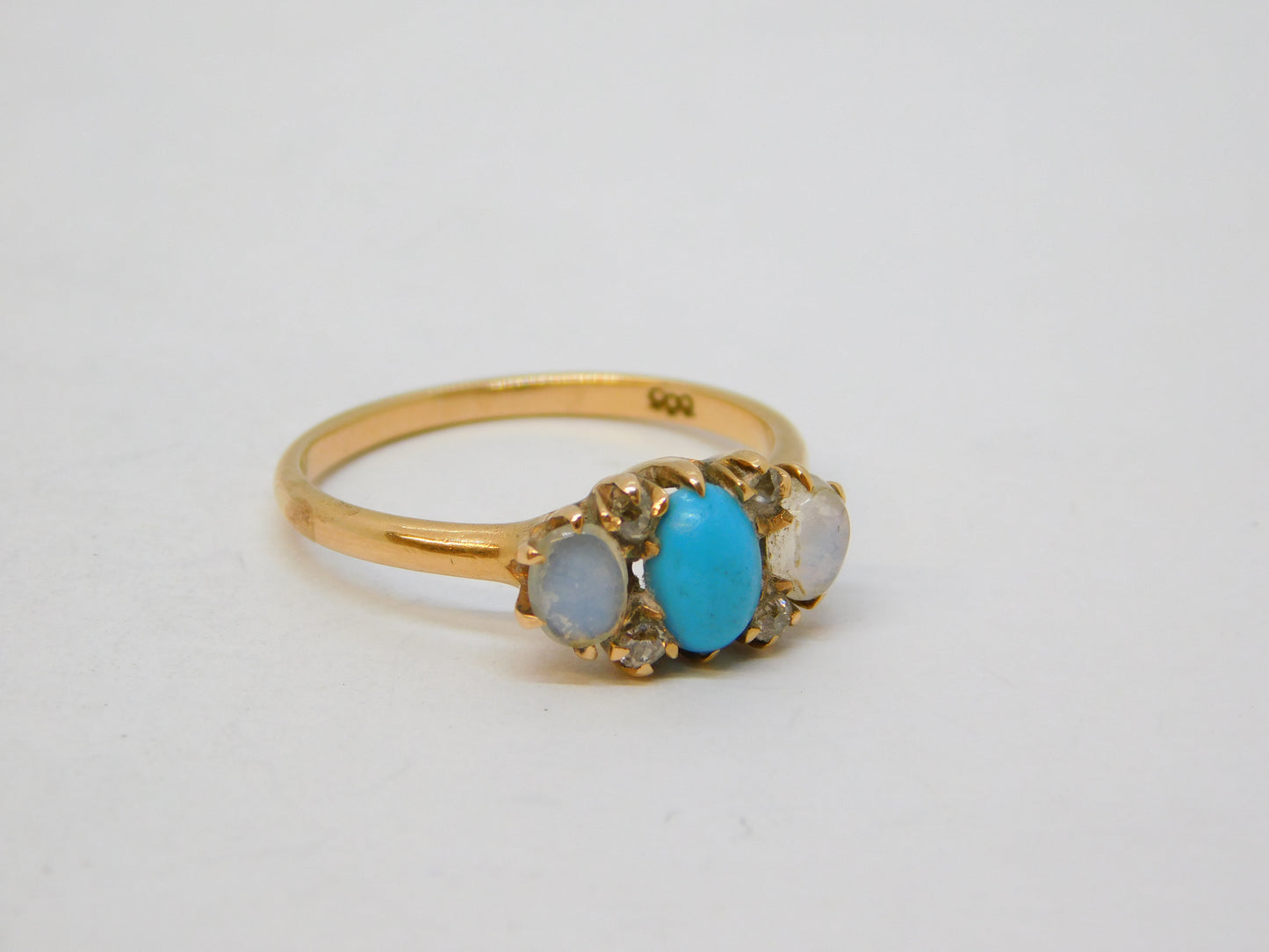 9ct Rose Gold, Turquoise, Moonstone & Diamond Dress Ring Antique c1930 Deco