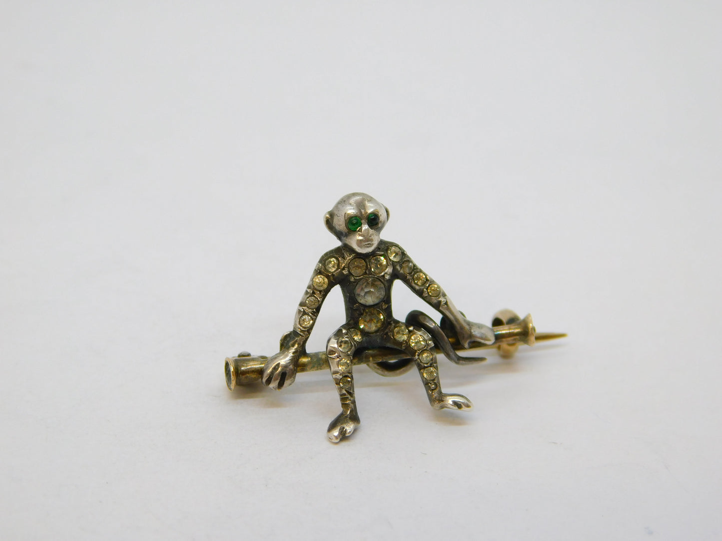 19th Century 9ct Gold & Silver Paste Set Monkey Brooch Antique c1880