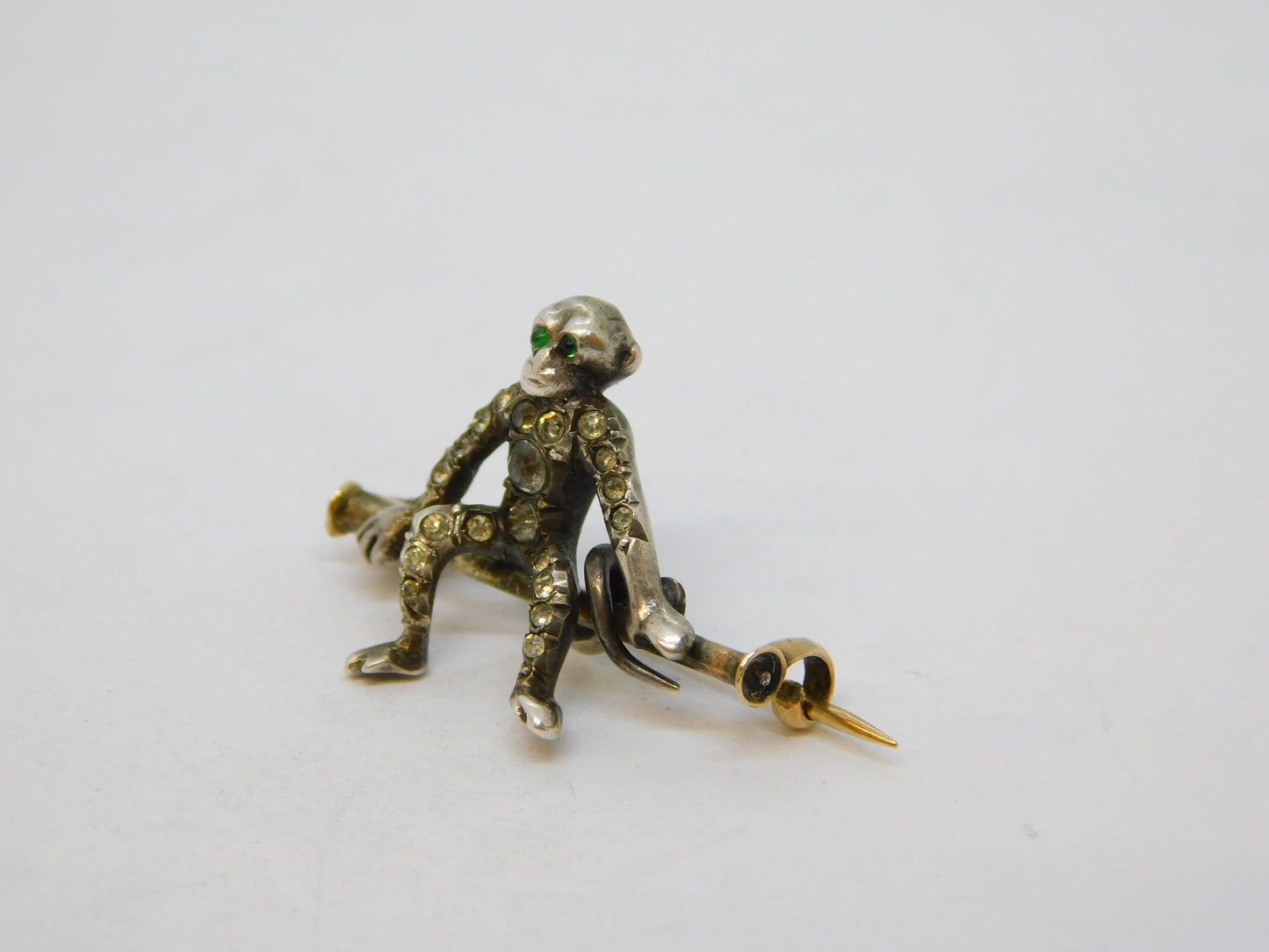 19th Century 9ct Gold & Silver Paste Set Monkey Brooch Antique c1880