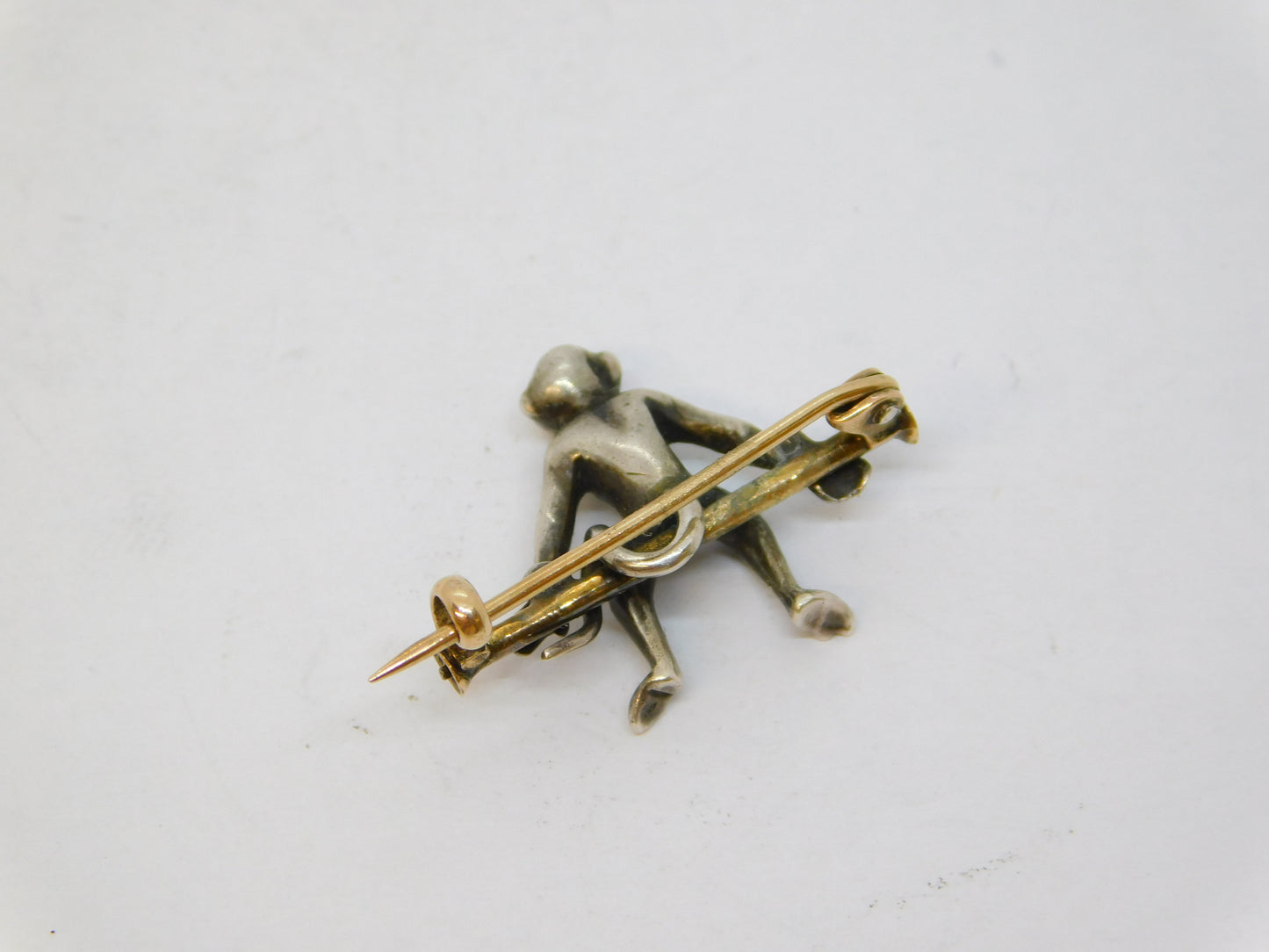 19th Century 9ct Gold & Silver Paste Set Monkey Brooch Antique c1880