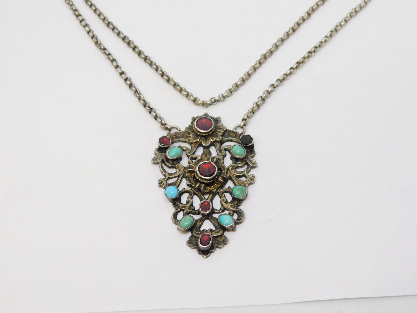 19th Century Austro-Hungarian Large Sterling Silver, Turquoise, Garnet Necklace c1860