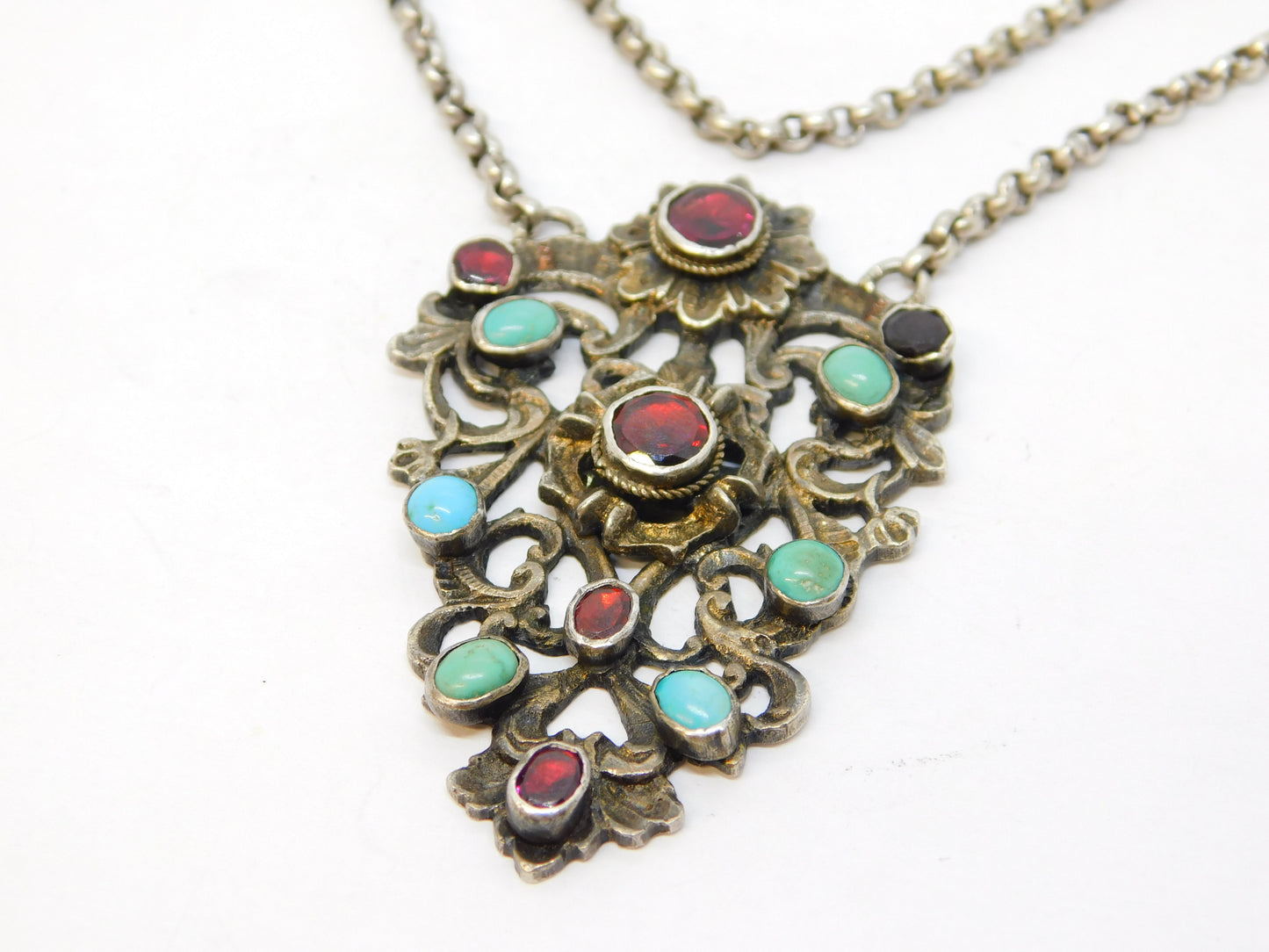19th Century Austro-Hungarian Large Sterling Silver, Turquoise, Garnet Necklace c1860