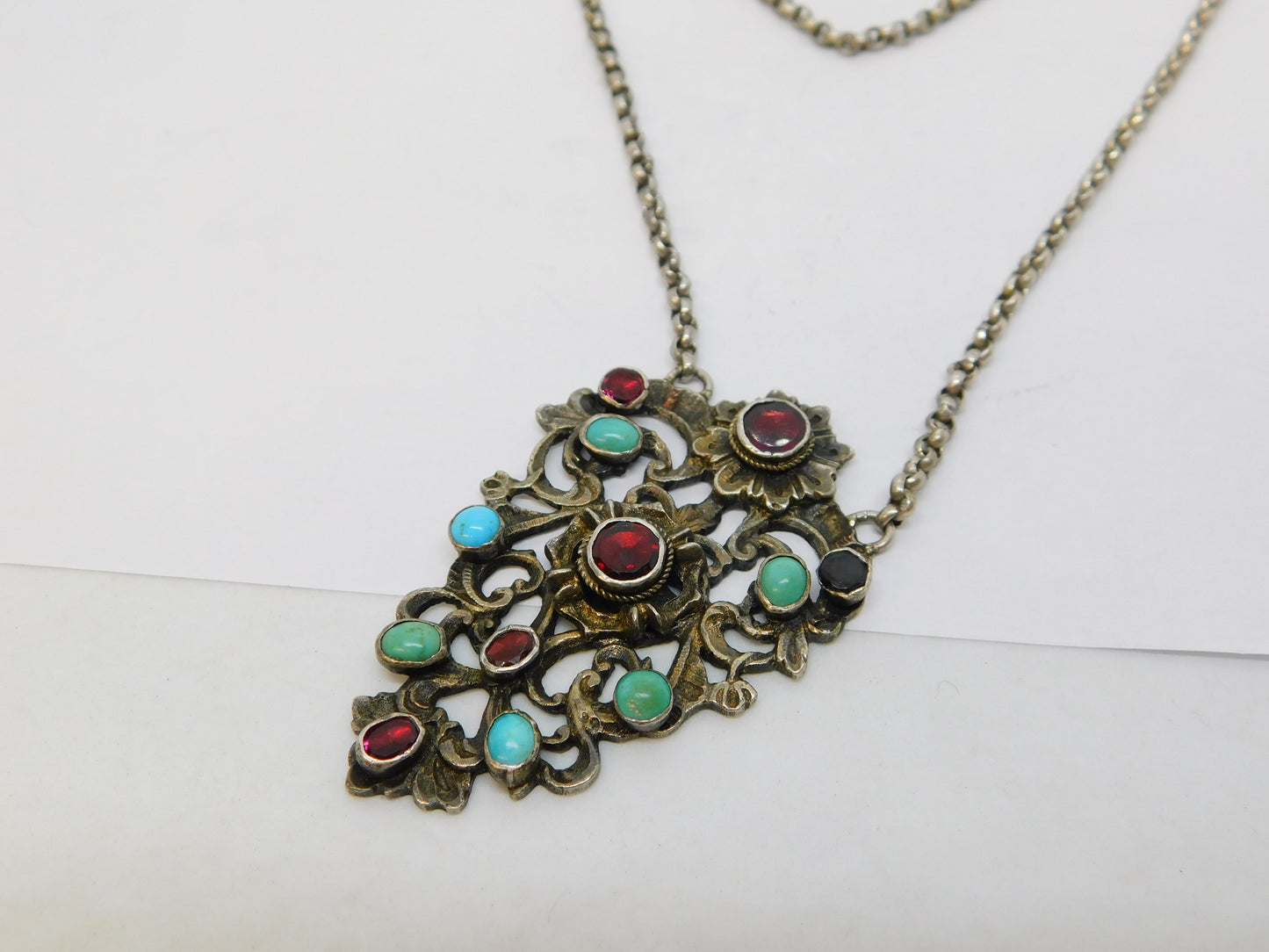 19th Century Austro-Hungarian Large Sterling Silver, Turquoise, Garnet Necklace c1860