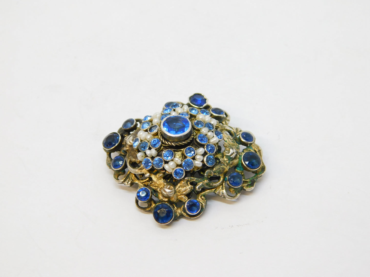 19th Century Austro-Hungarian Silver, Sapphire, Seed Pearl Brooch Antique c1860