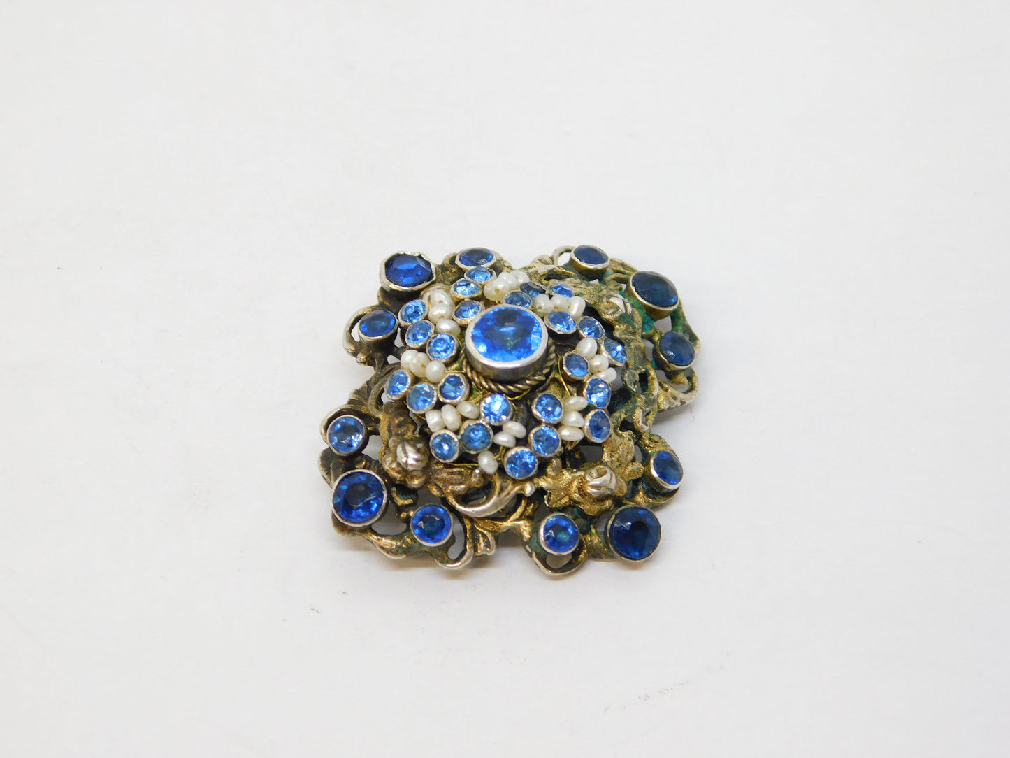 19th Century Austro-Hungarian Silver, Sapphire, Seed Pearl Brooch Antique c1860